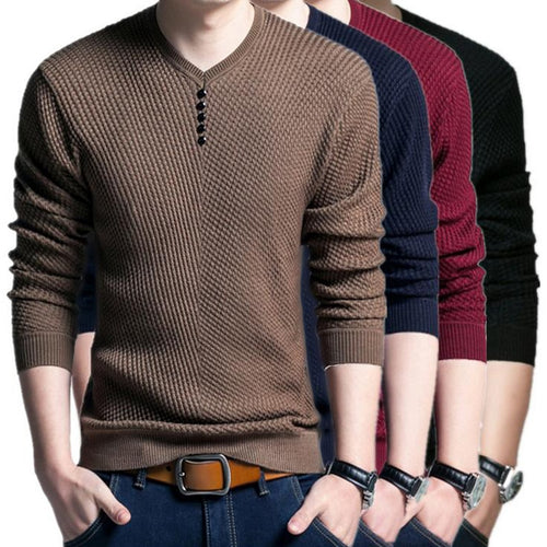 Laamei Fashion Solid Sweater Men Casual V-Neck Button Pullover Autumn Slim Fit Long Sleeve Mens Knitted Sweaters Plus Size 4XL