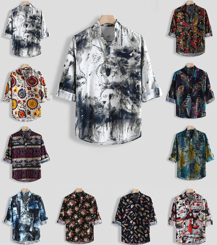 FFXZSJ Brand men's clothing retro national style long sleeve stand collar cotton linen print loose Henry shirt European size